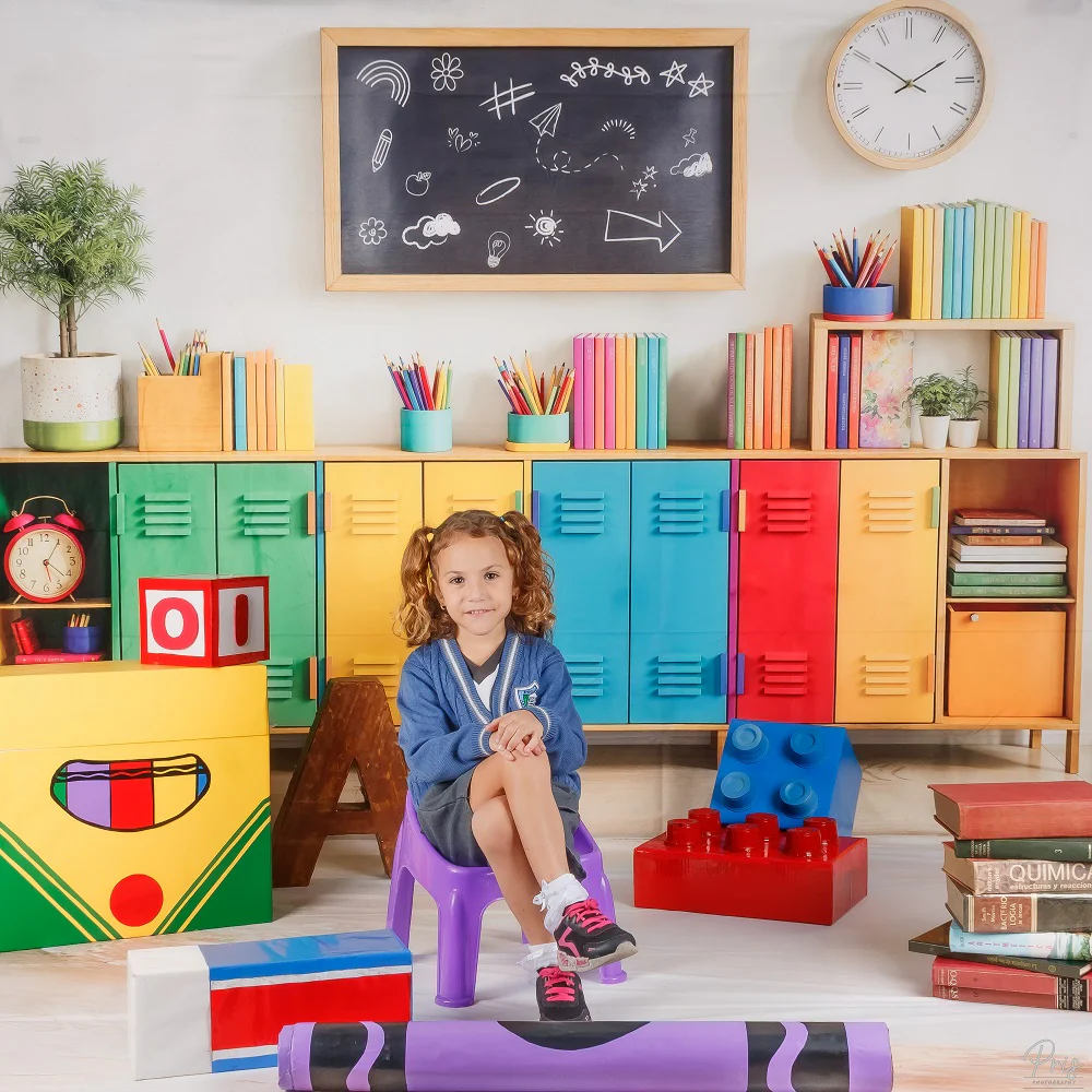 Kate Back to School Colorful Lockers Chalkboard Books Backdrop Designed by Emetselch