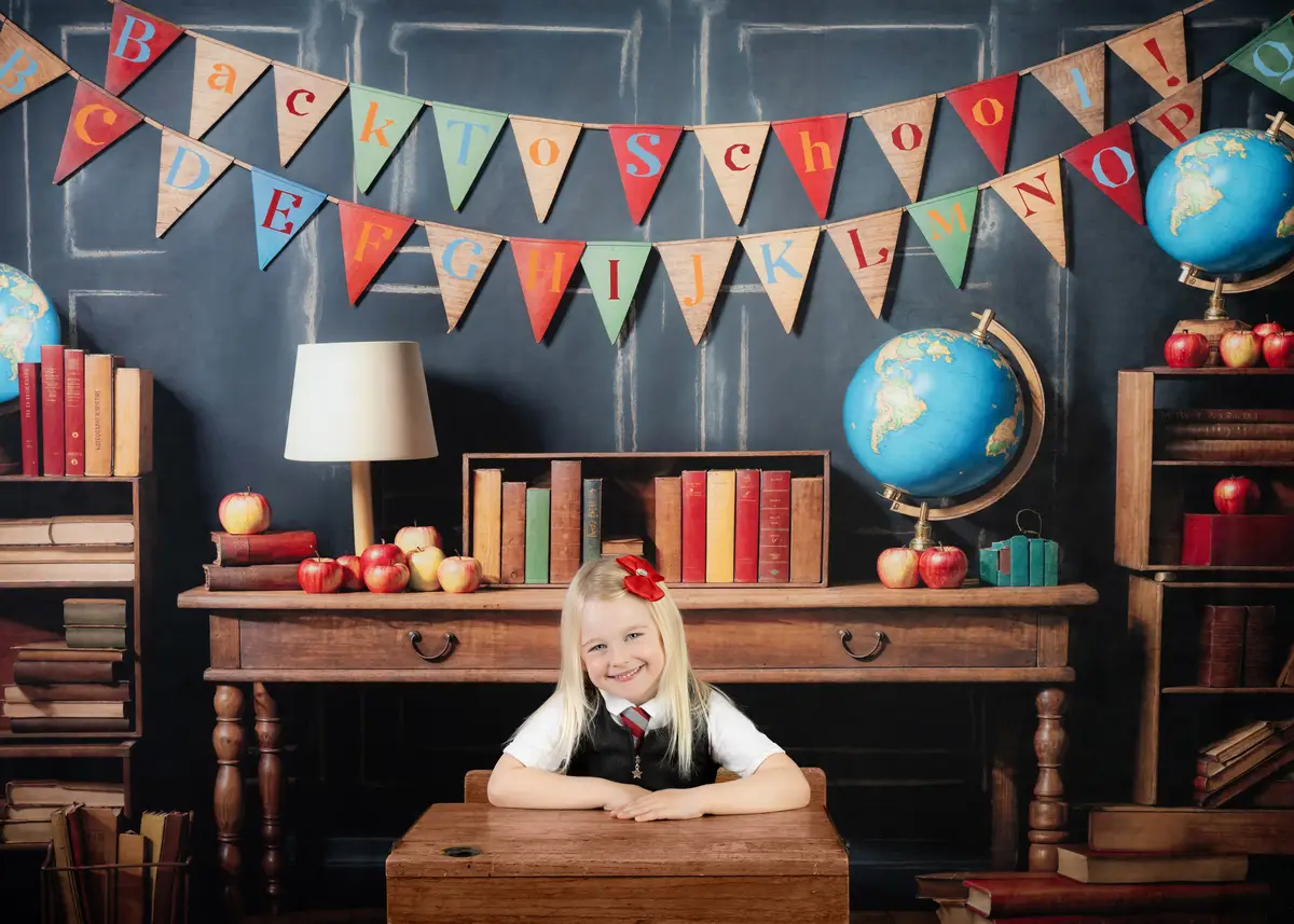 Kate Back to School Globe Books Black Wall Backdrop+Brown Wooden Floor Backdrop - Image 3