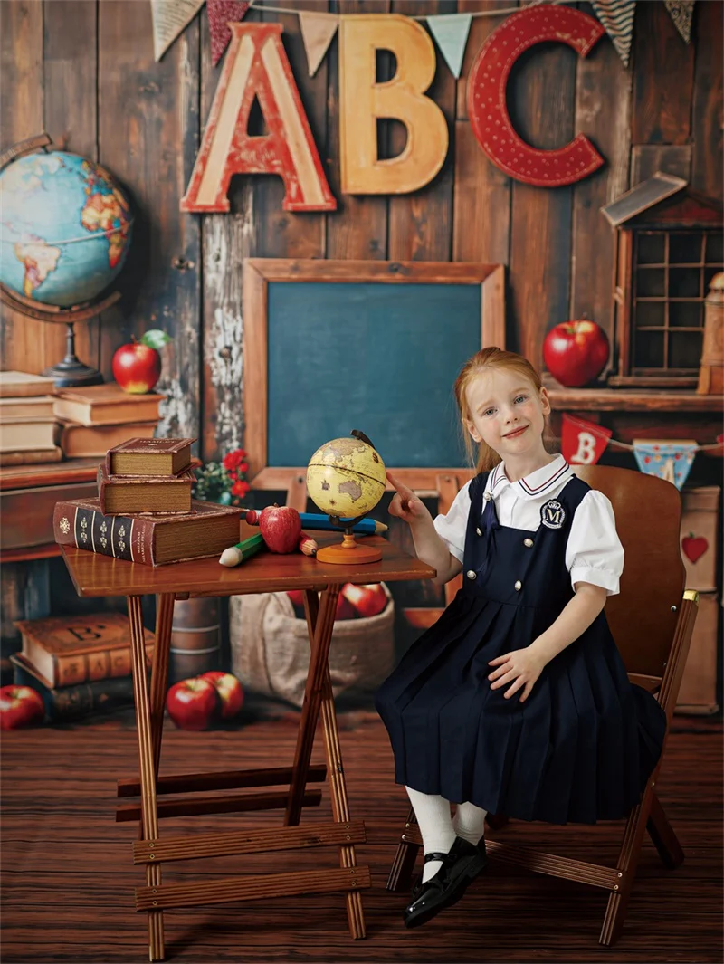 Kate Back to School Globe Vintage Wooden Backdrop+Rustic Wood Panel Floor Backdrop - Image 3