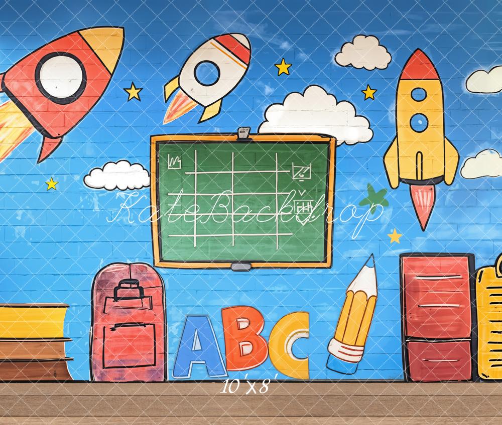 Kate Back to School Graffiti Rockets Blackboard Fleece Backdrop Designed by Emetselch - Image 3