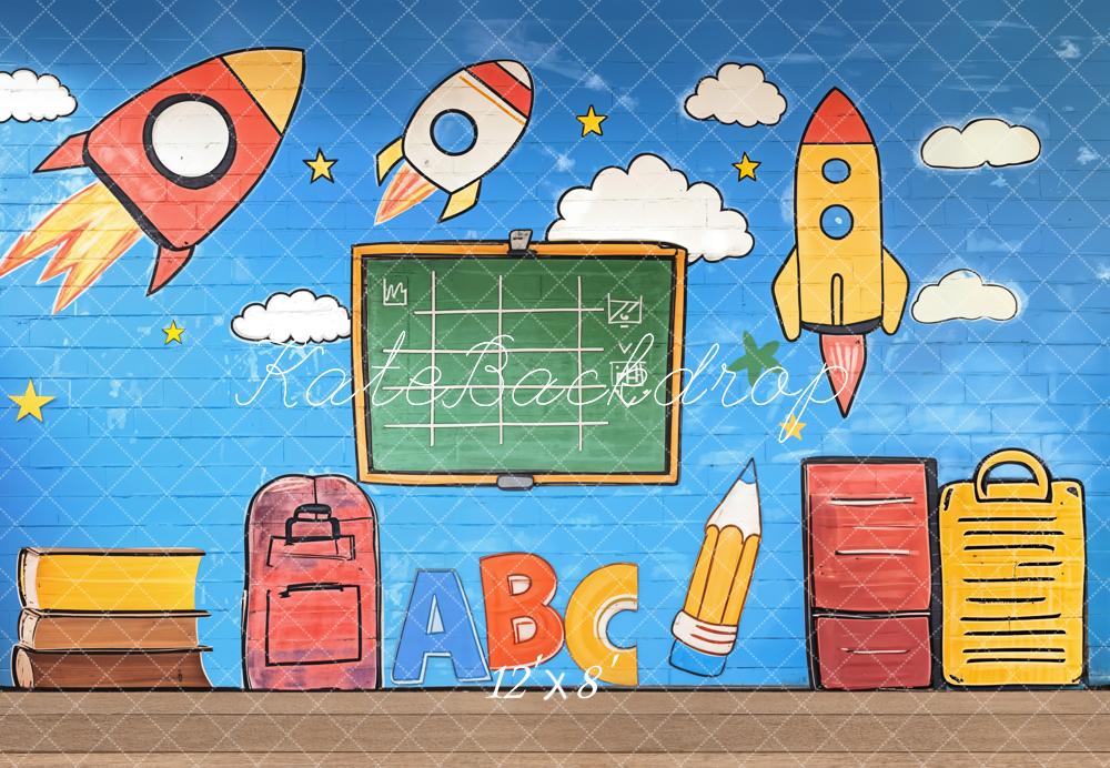 Kate Back to School Graffiti Rockets Blackboard Fleece Backdrop Designed by Emetselch - Image 4