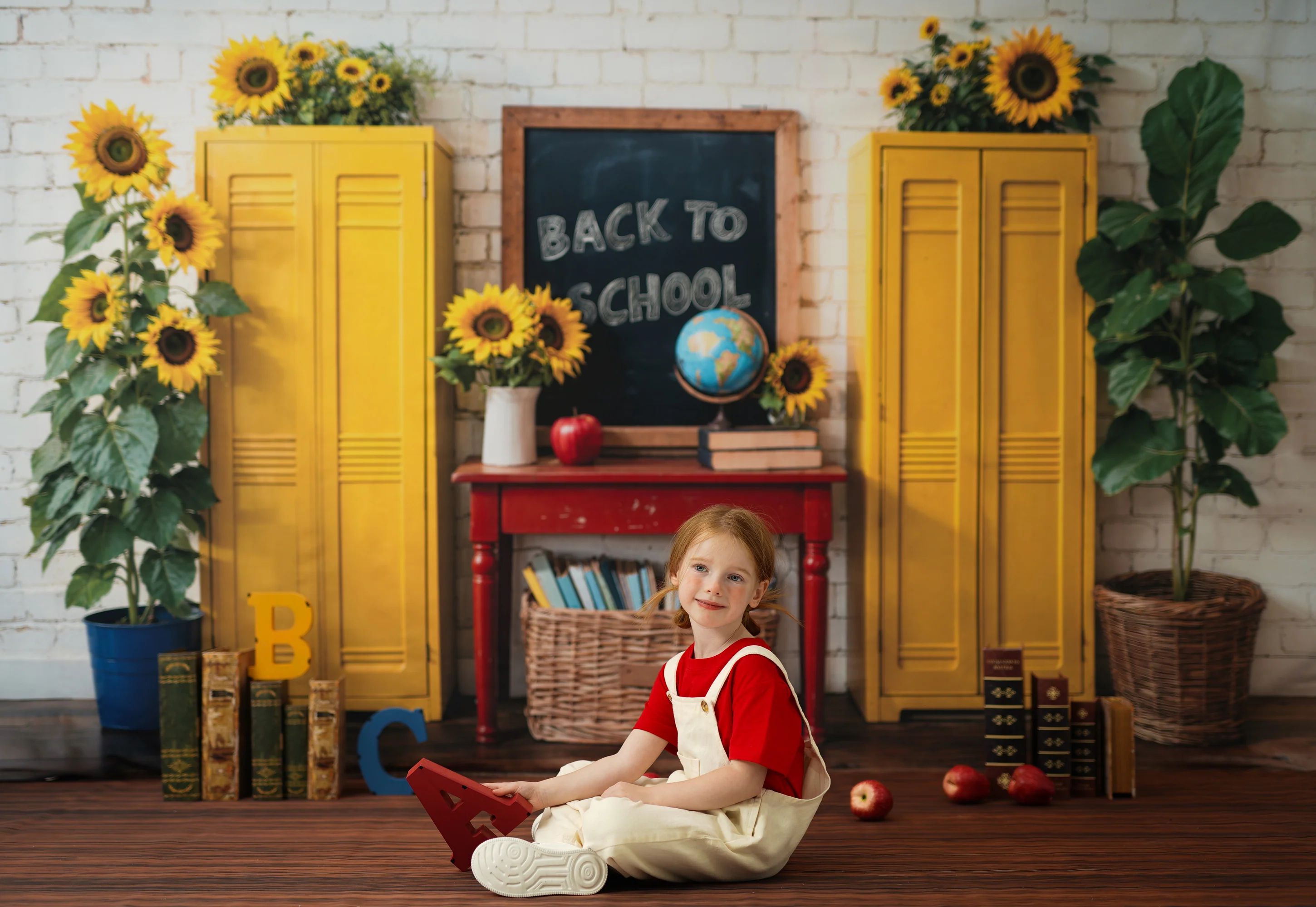 Kate Back to School Lockers Sunflower Backdrop+Brown Wood Floor Backdrop