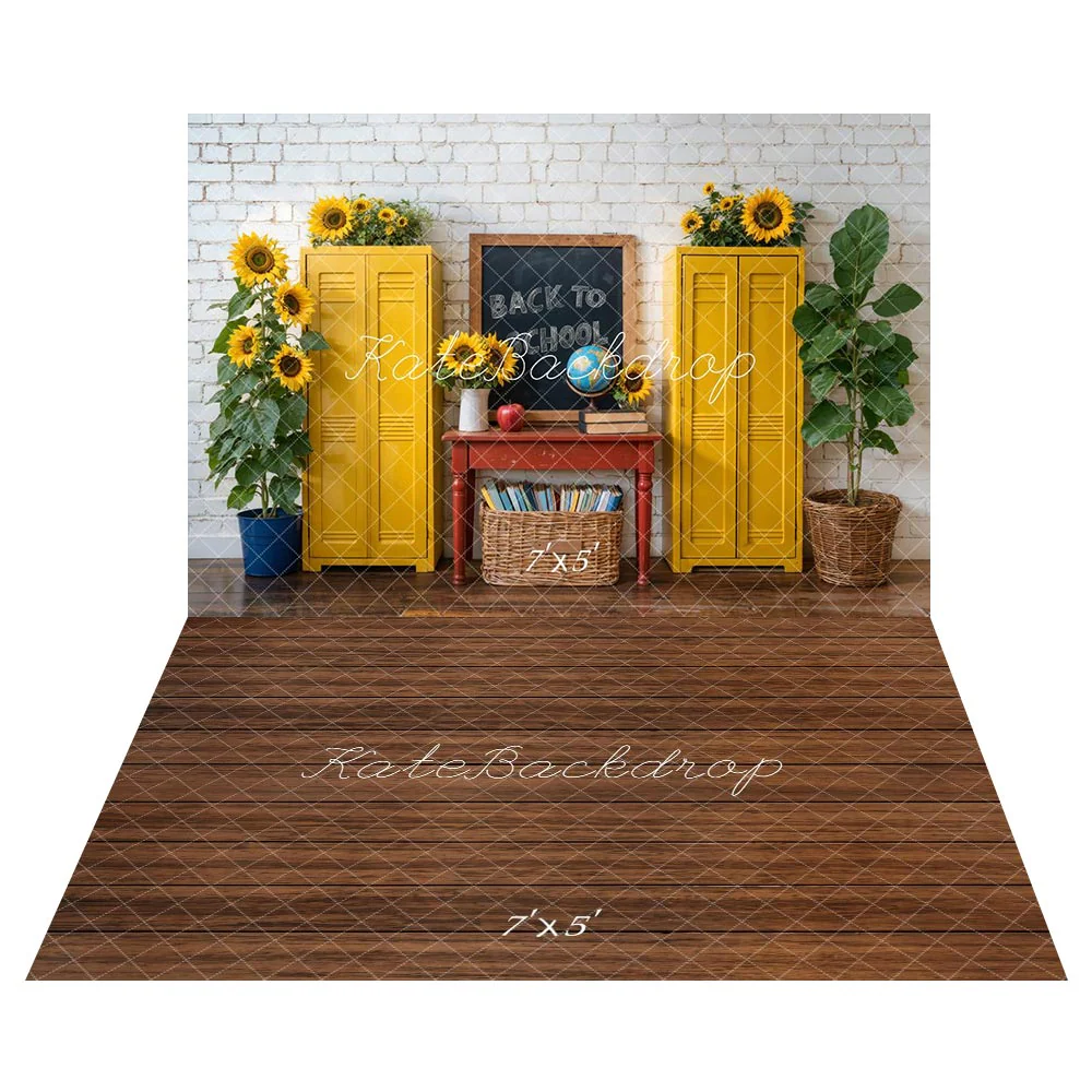 Kate Back to School Lockers Sunflower Backdrop+Brown Wood Floor Backdrop - Image 2