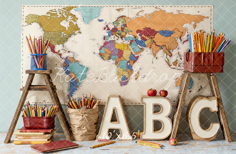 Kate Back To School Map Pencils Books Fleece Backdrop Designed by Emetselch - Image 2
