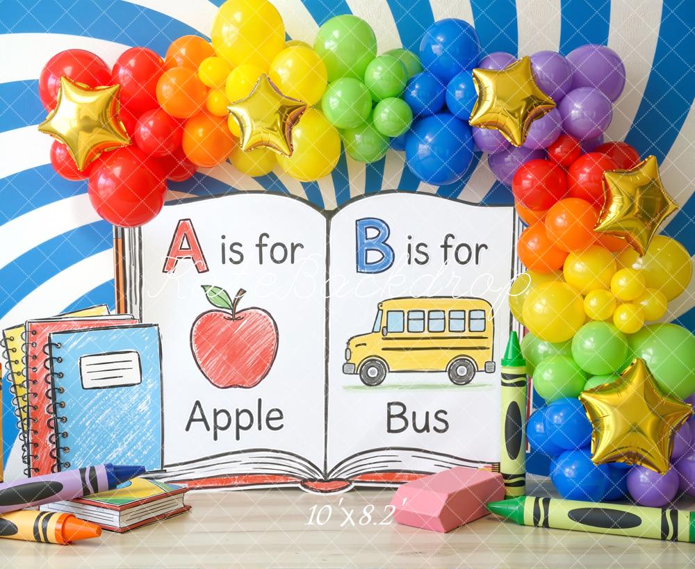 Kate Back To School Rainbow Balloons Books Fleece Backdrop Designed by Chain Photography - Image 3