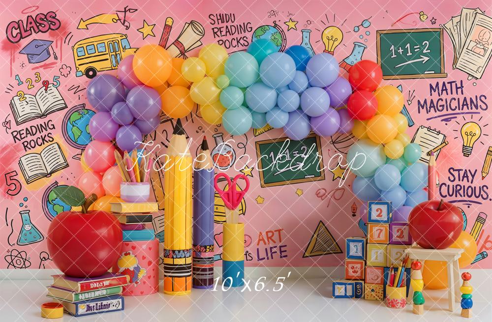 Kate Back To School Rainbow Balloons Classroom Supplies Fleece Backdrop Designed by Emetselch - Image 2