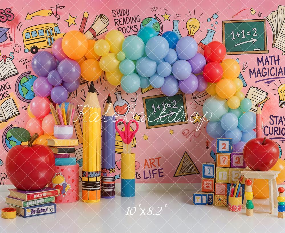 Kate Back To School Rainbow Balloons Classroom Supplies Fleece Backdrop Designed by Emetselch - Image 3