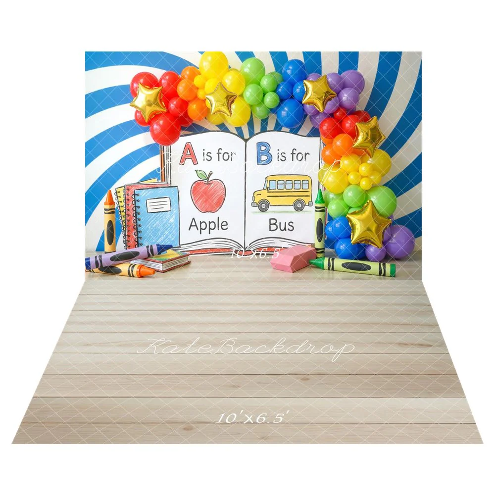 Kate Back to School Rainbow Balloons Alphabet Books Backdrop+Light Wood Plank Texture Backdrop - Image 2