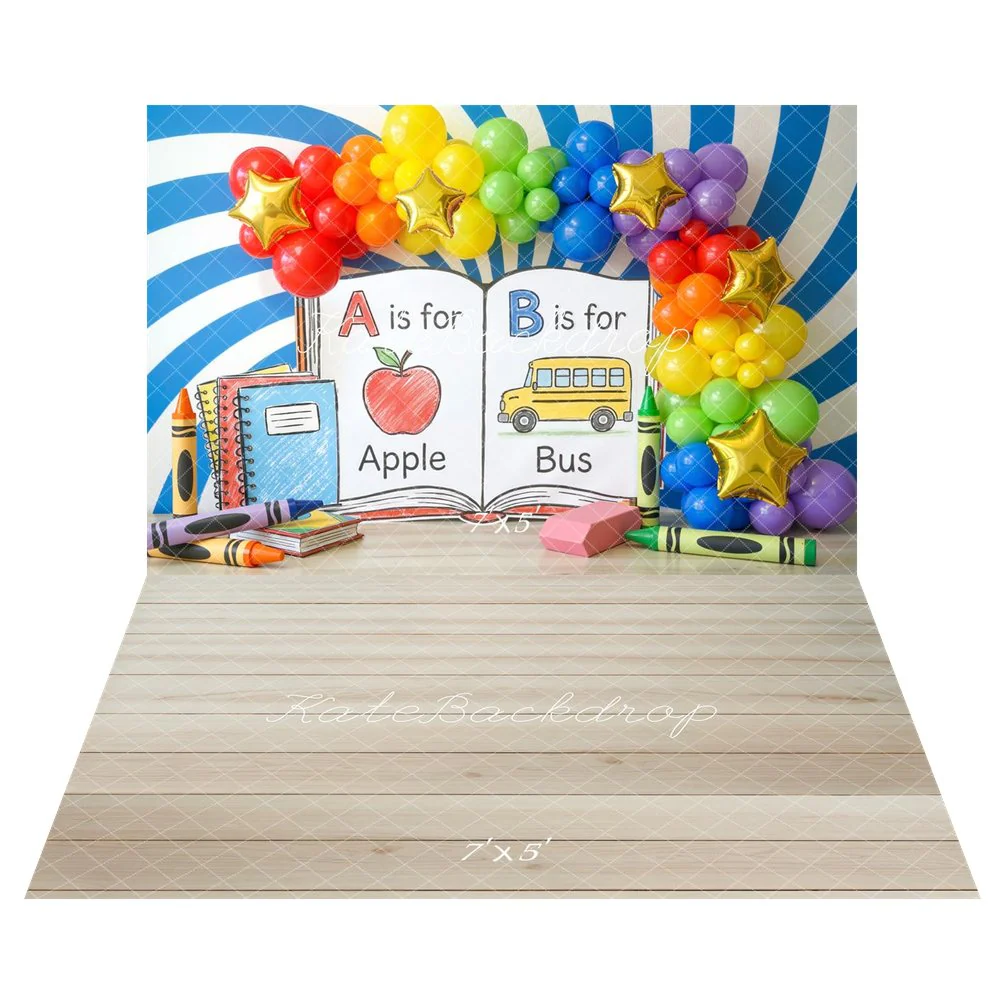 Kate Back to School Rainbow Balloons Alphabet Books Backdrop+Light Wood Plank Texture Backdrop - Image 4