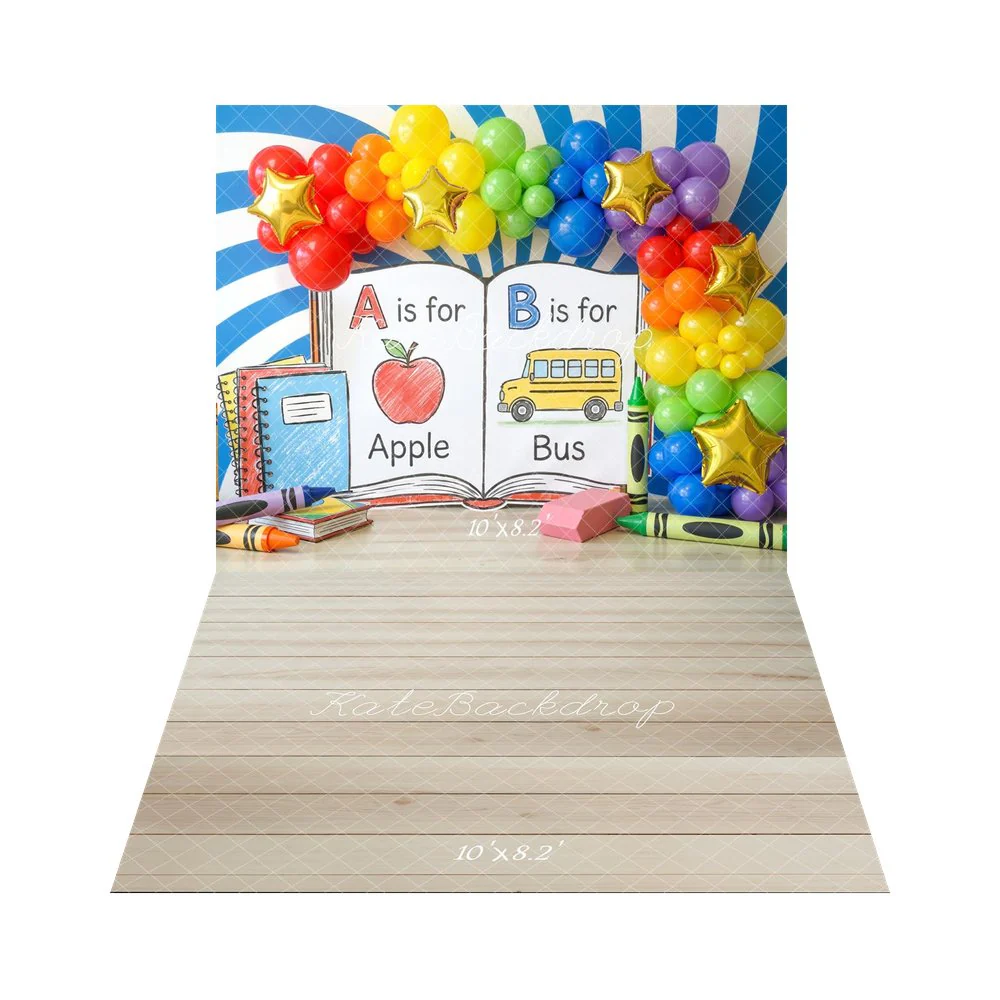 Kate Back to School Rainbow Balloons Alphabet Books Backdrop+Light Wood Plank Texture Backdrop - Image 5