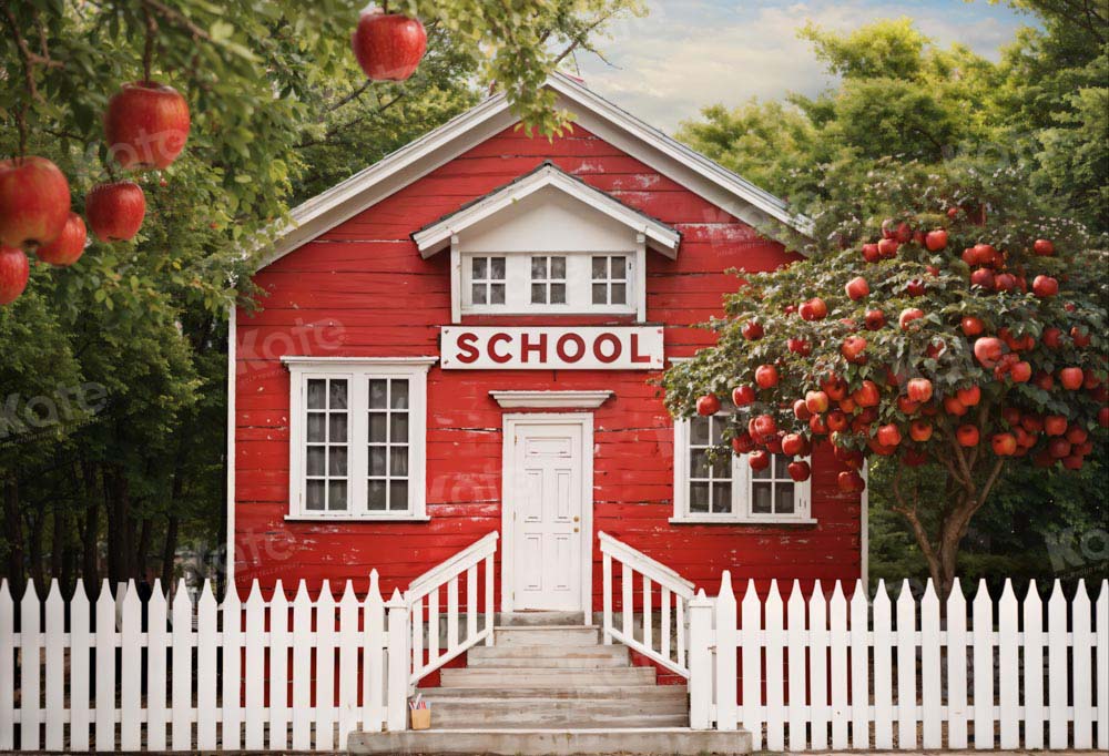 Kate Back to School Red House Apple Tree Fence Backdrop Designed by Chain Photography - Image 2