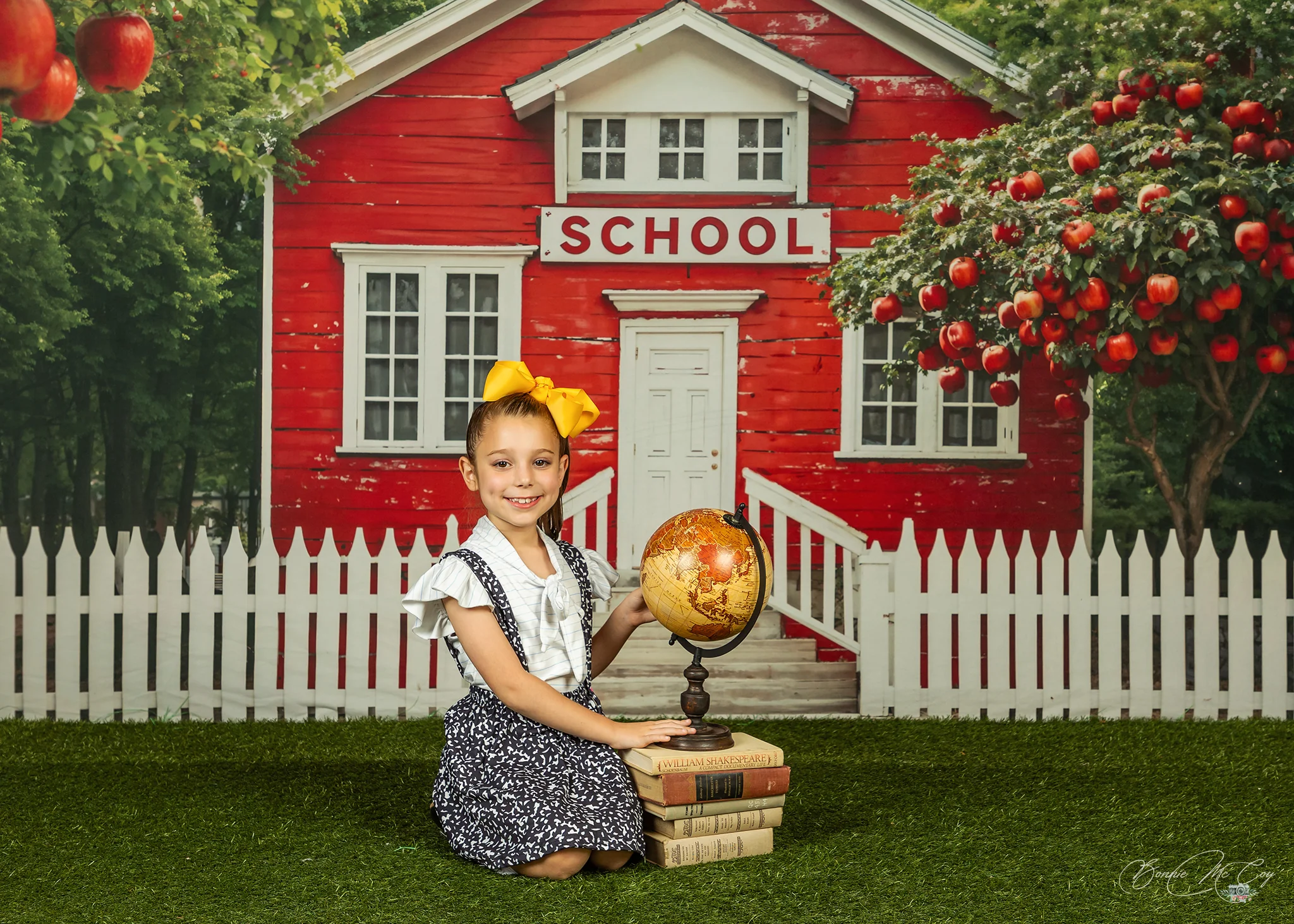 Kate Back to School Red House Apple Tree Fence Backdrop Designed by Chain Photography - Image 3
