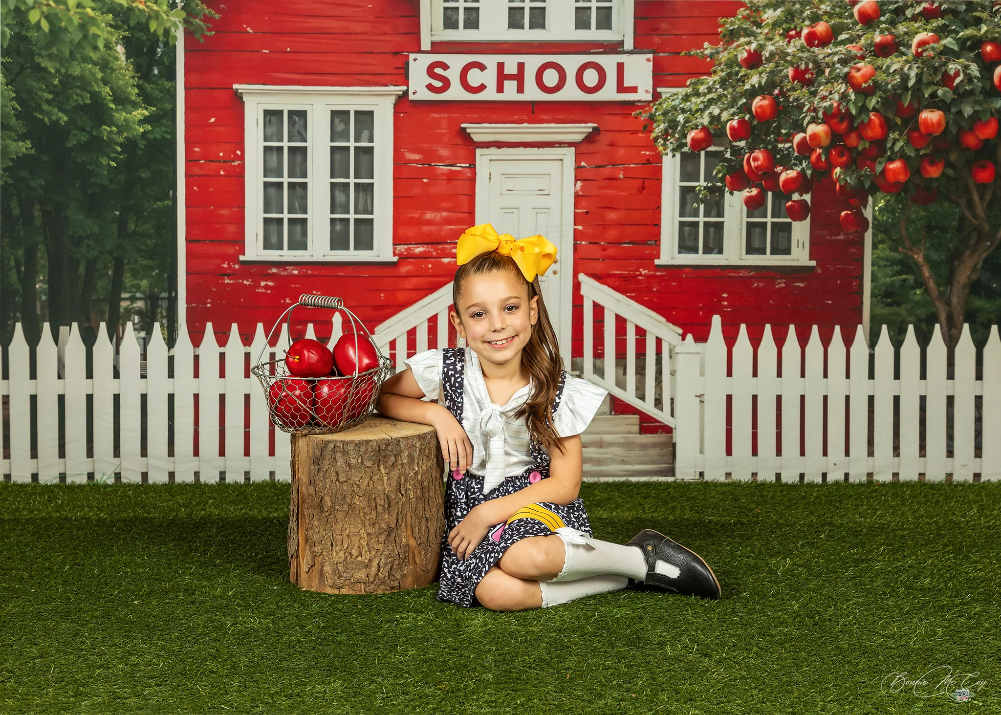 Kate Back to School Red House Apple Tree Fence Backdrop Designed by Chain Photography - Image 5
