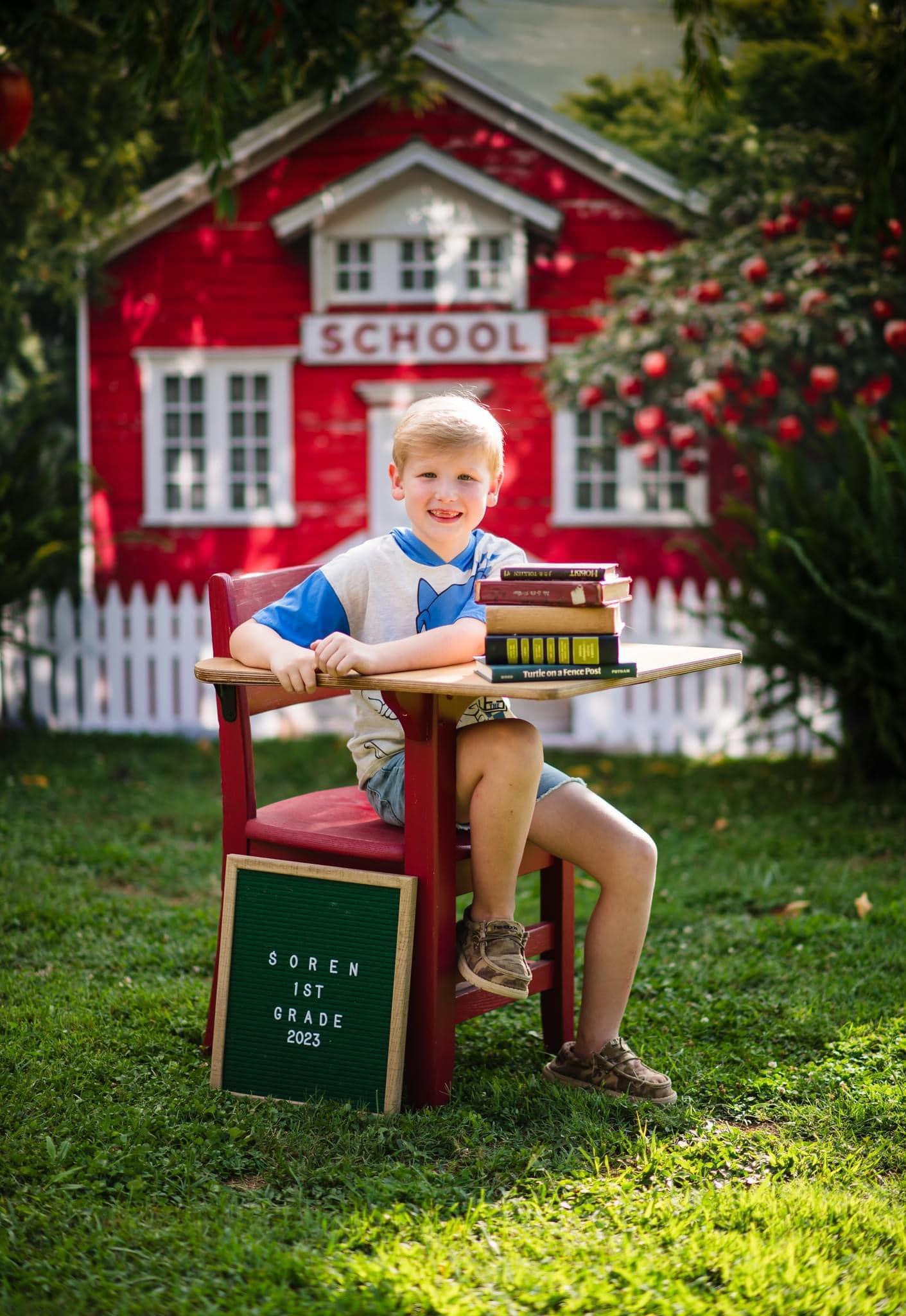 Kate Back to School Red House Apple Tree Fence Backdrop Designed by Chain Photography - Image 6