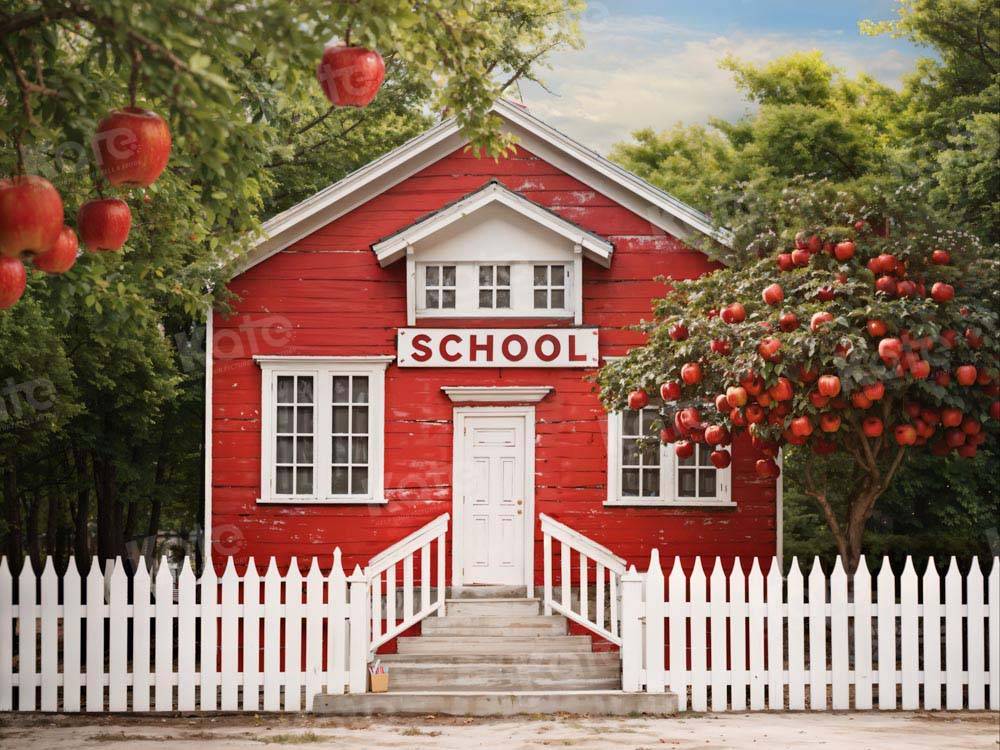 Kate Back to School Red House Apple Tree Fence Backdrop Designed by Chain Photography - Image 9