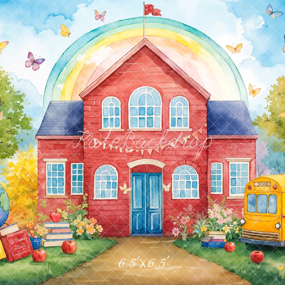 Kate Back To School Red house Bus Rainbow Backdrop Designed by Emetselch - Image 2