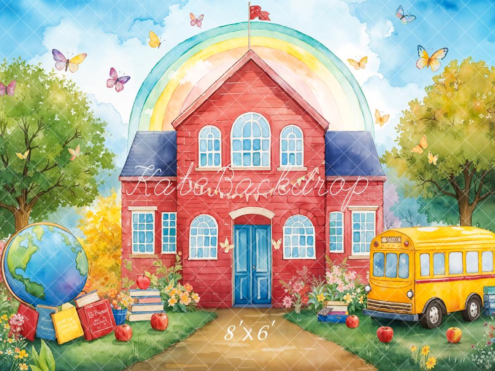 Kate Back To School Red house Bus Rainbow Backdrop Designed by Emetselch - Image 3