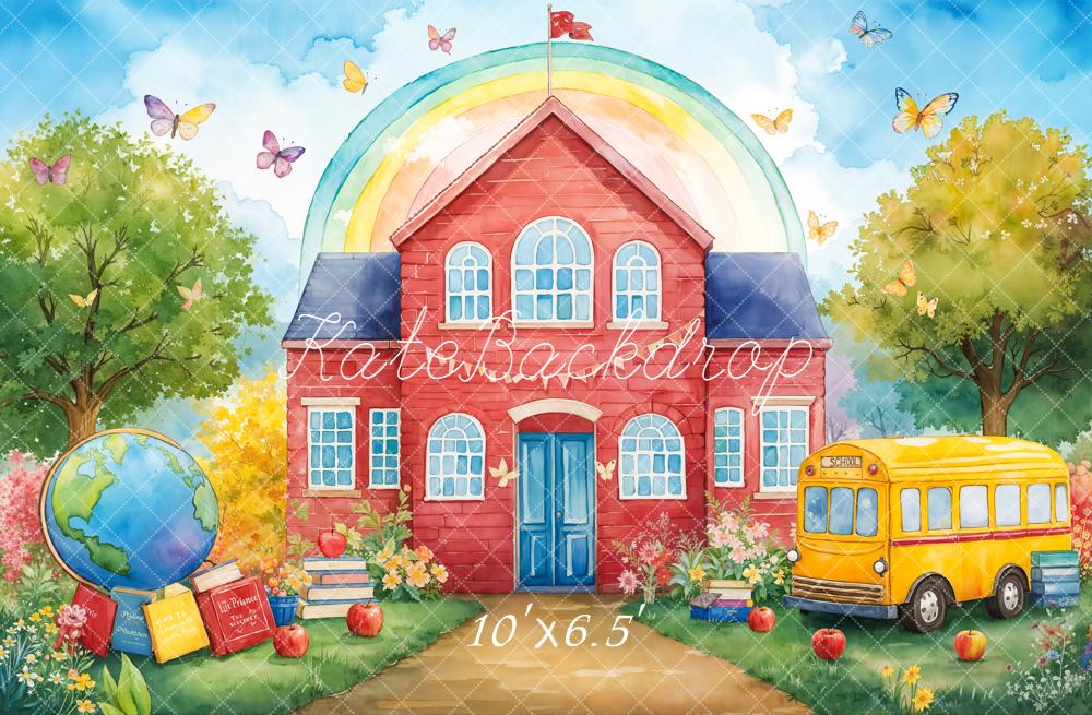 Kate Back To School Red house Bus Rainbow Backdrop Designed by Emetselch - Image 4