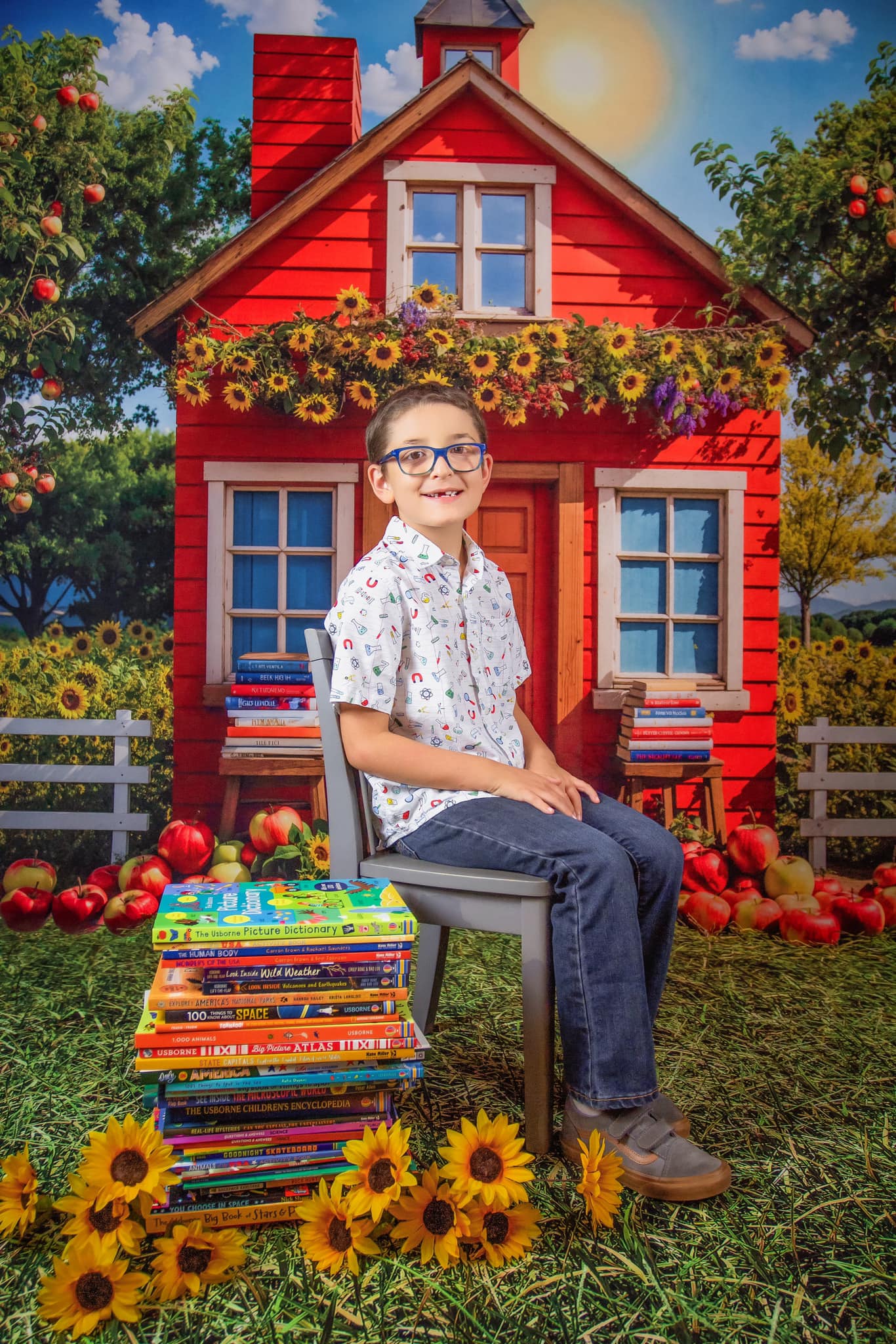 Kate Back to School Sunflower Apple Orchard Red House Backdrop Designed by Chain Photography