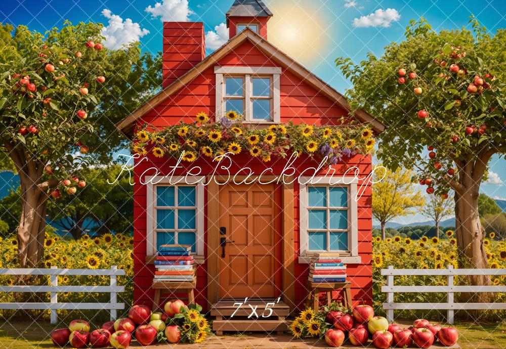 Kate Back to School Sunflower Apple Orchard Red House Backdrop Designed by Chain Photography - Image 2