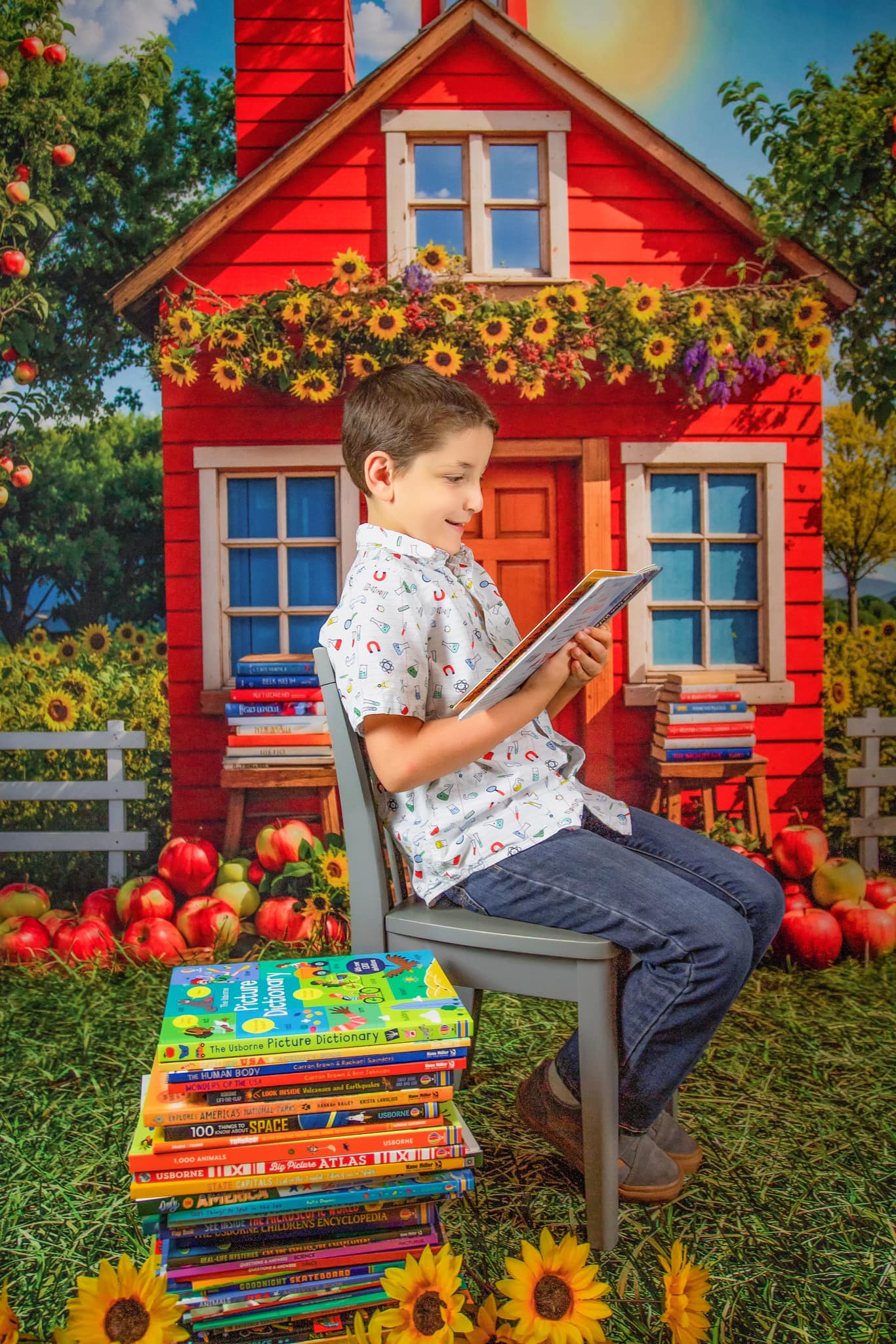 Kate Back to School Sunflower Apple Orchard Red House Backdrop Designed by Chain Photography - Image 3