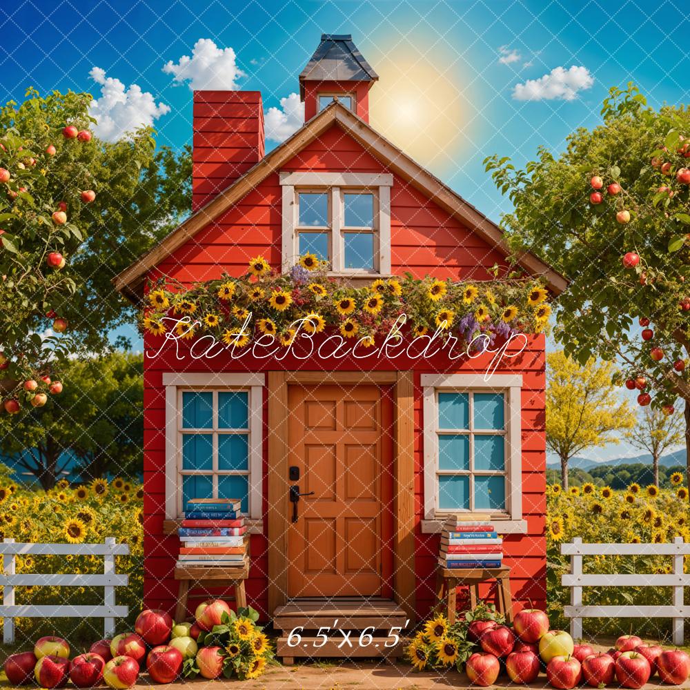Kate Back to School Sunflower Apple Orchard Red House Backdrop Designed by Chain Photography - Image 4