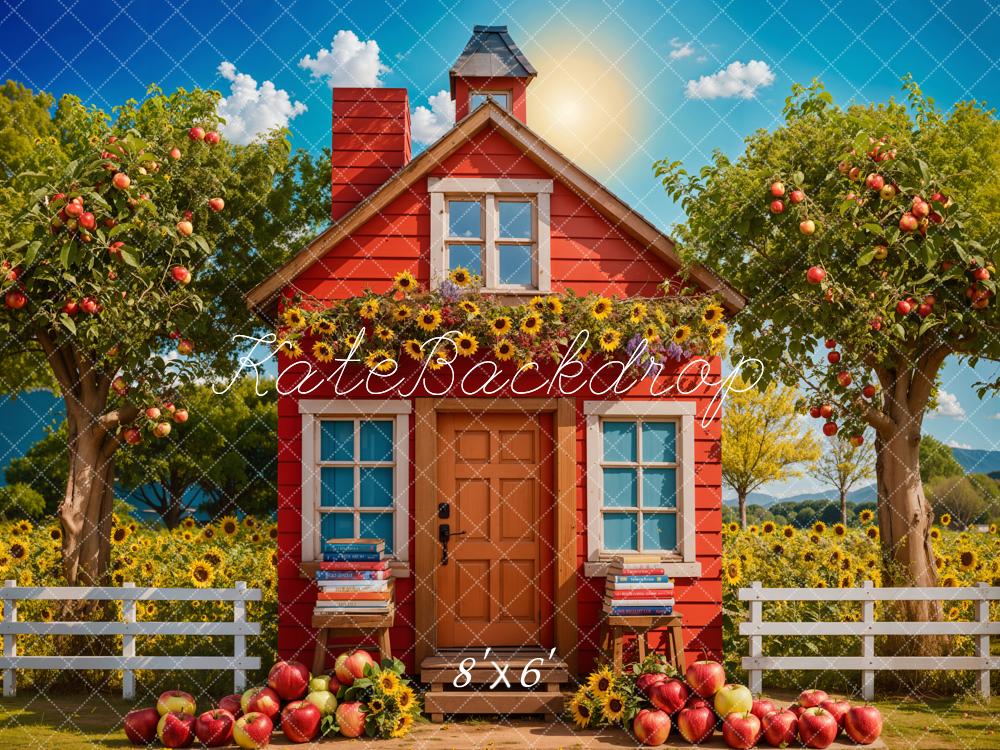 Kate Back to School Sunflower Apple Orchard Red House Backdrop Designed by Chain Photography - Image 5