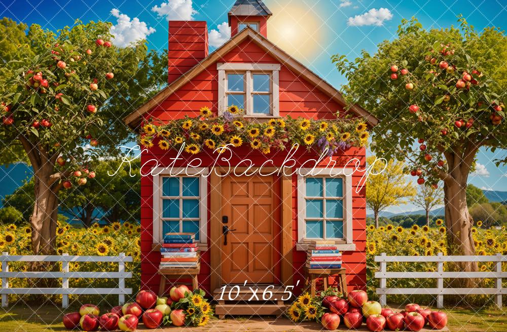 Kate Back to School Sunflower Apple Orchard Red House Backdrop Designed by Chain Photography - Image 6