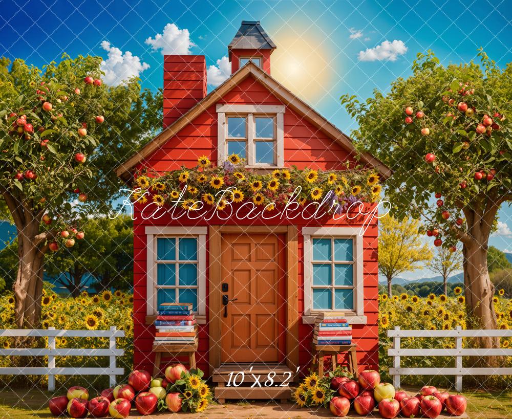Kate Back to School Sunflower Apple Orchard Red House Backdrop Designed by Chain Photography - Image 7