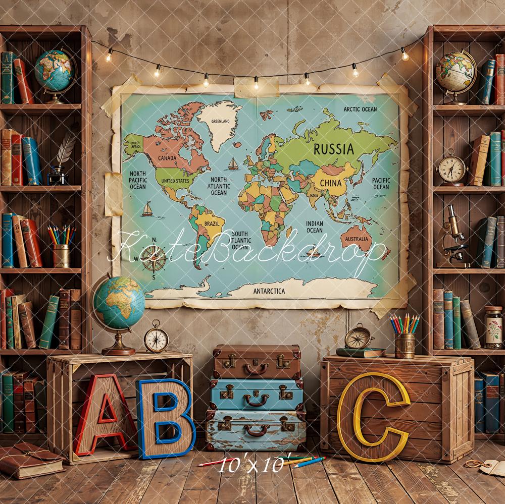 Kate Back To School World Map Books Globes Vintage Backdrop Designed by Emetselch - Image 7