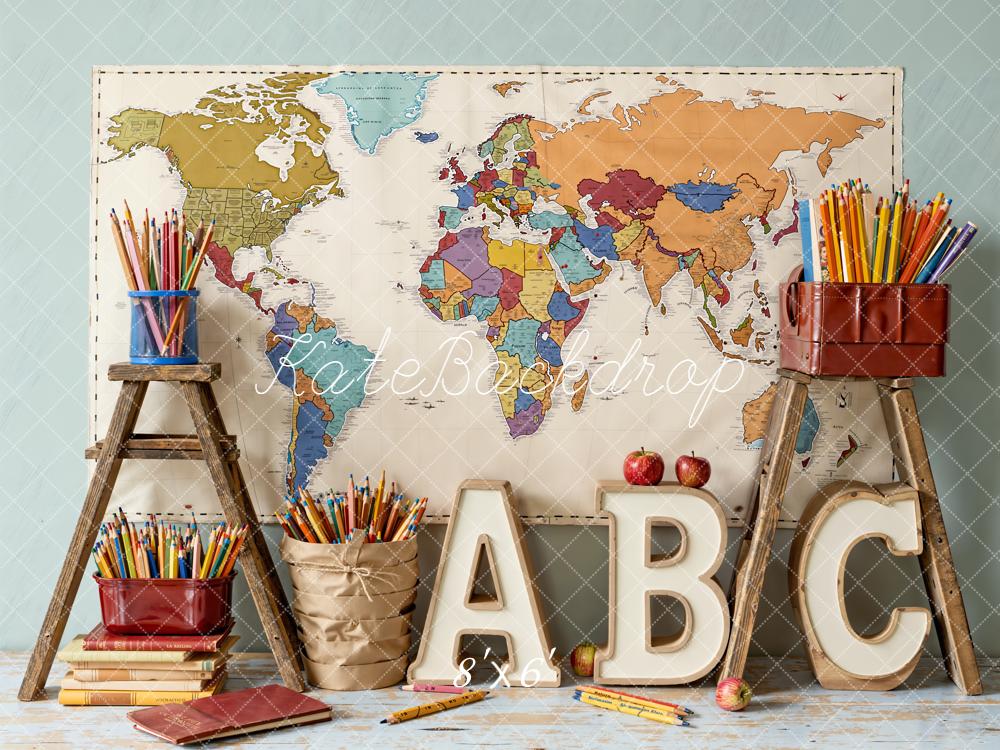 Kate Back To School World Map Pencils Backdrop Designed by Emetselch - Image 3