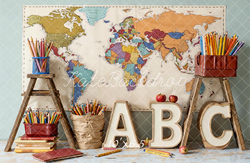 Kate Back To School World Map Pencils Backdrop Designed by Emetselch - Image 4