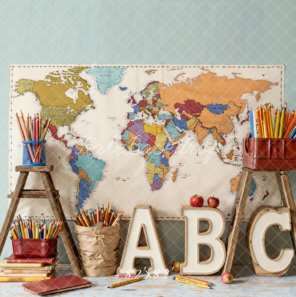 Kate Back To School World Map Pencils Backdrop Designed by Emetselch - Image 5