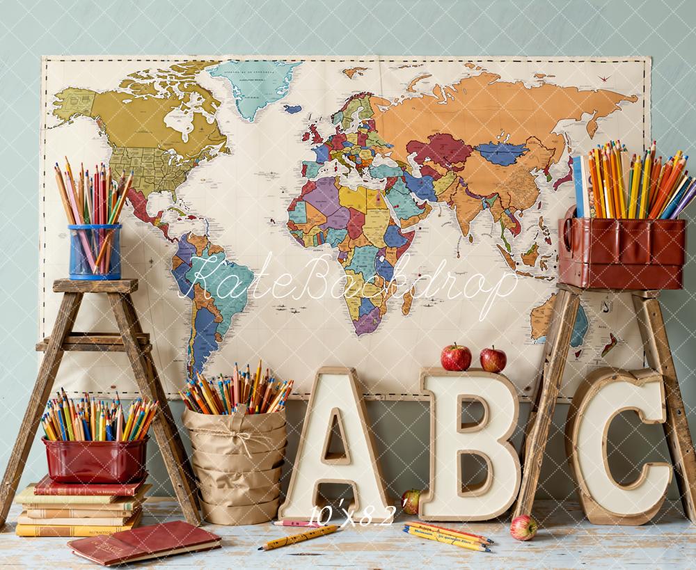 Kate Back To School World Map Pencils Backdrop Designed by Emetselch - Image 6