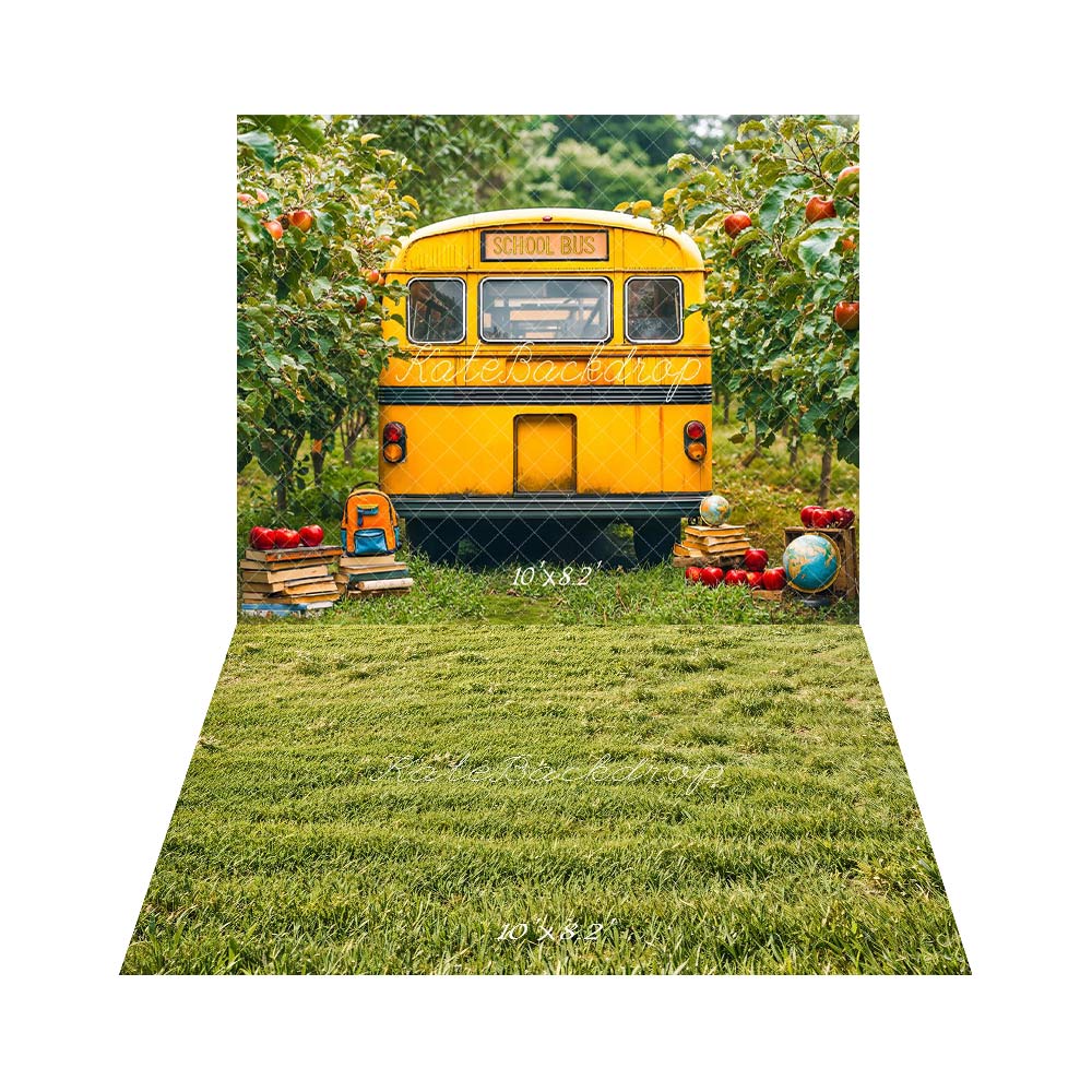 Kate Back to School Yellow Bus Orchard Apples Backdrop+ Grass Field Floor Backdrop - Image 2