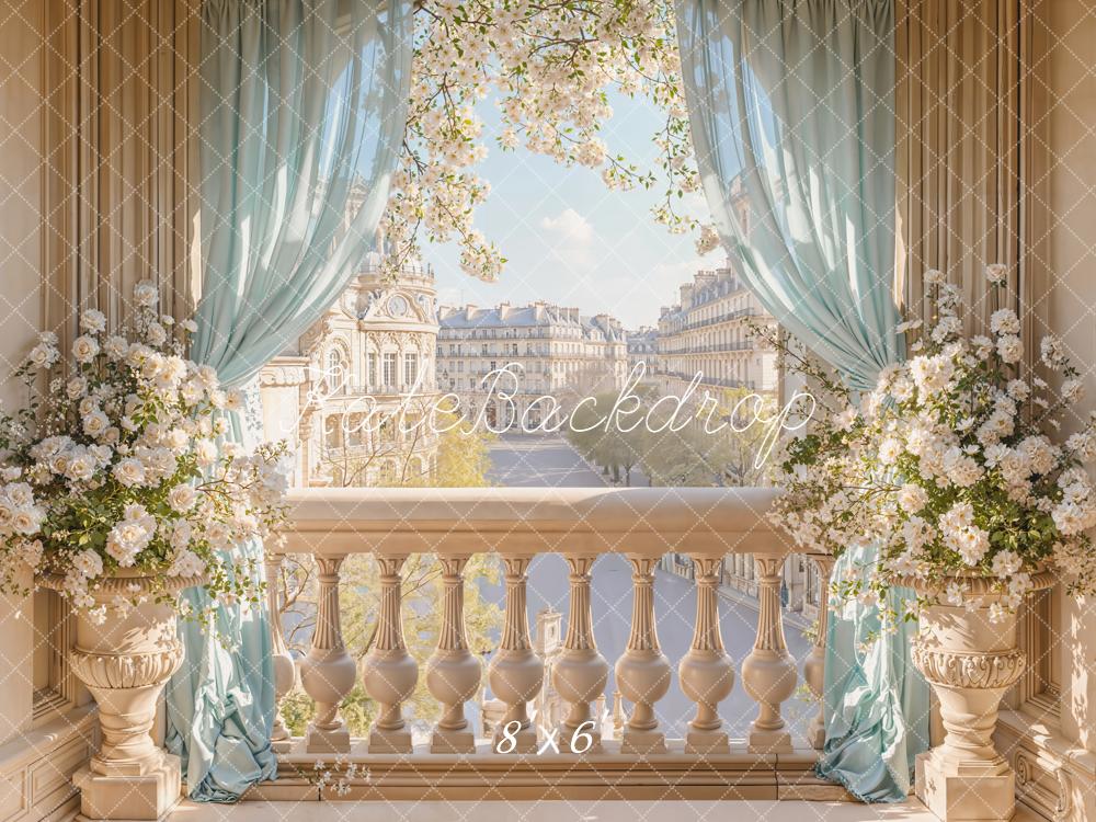 Kate Spring Balcony Cityscape Blue Curtains Backdrop Designed by Emetselch - Image 3