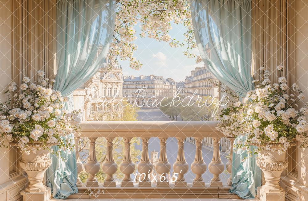 Kate Spring Balcony Cityscape Blue Curtains Backdrop Designed by Emetselch - Image 4