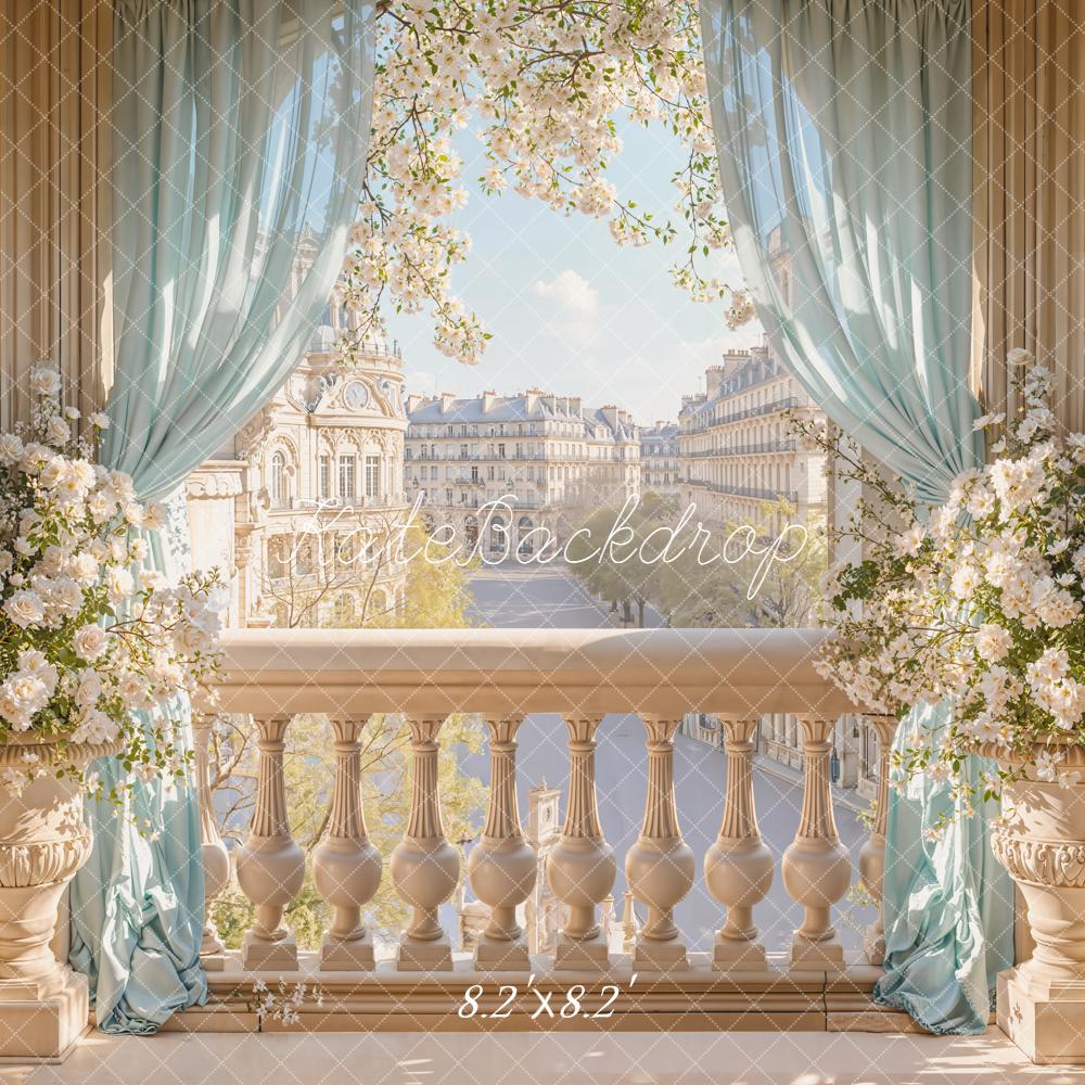 Kate Spring Balcony Cityscape Blue Curtains Backdrop Designed by Emetselch - Image 5
