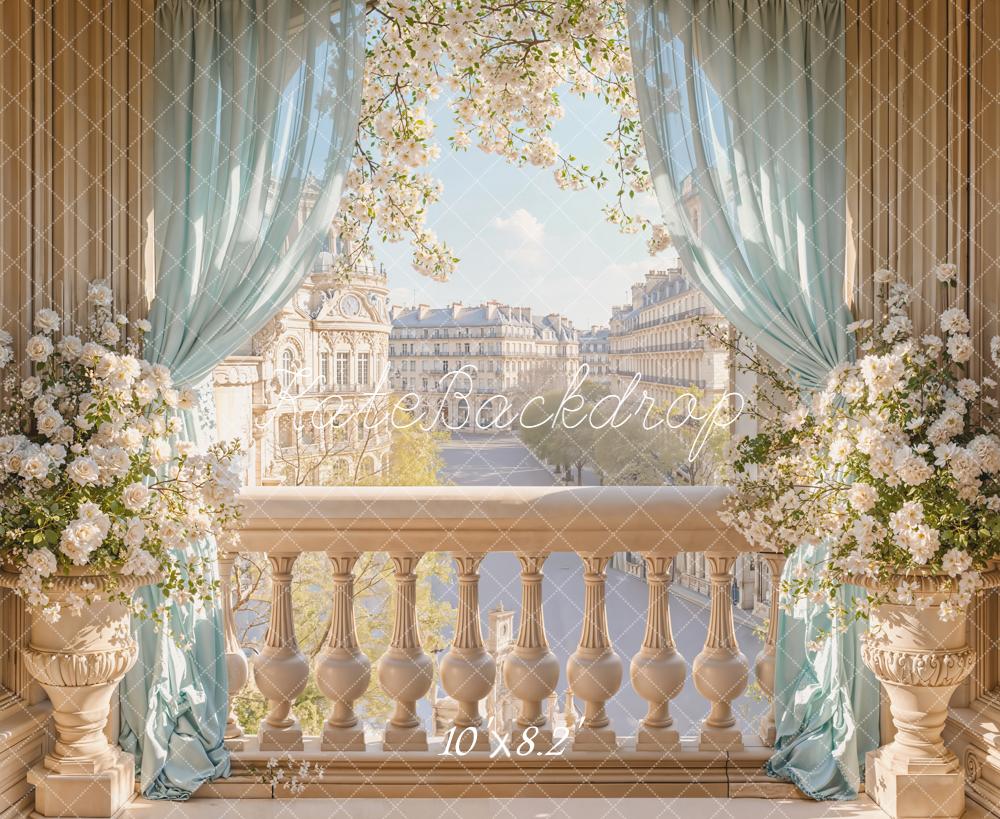 Kate Spring Balcony Cityscape Blue Curtains Backdrop Designed by Emetselch - Image 6