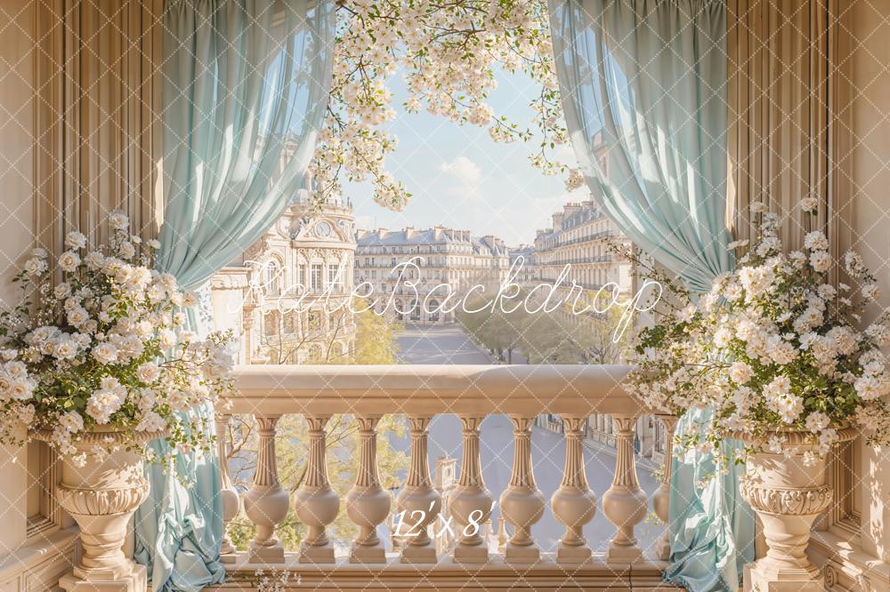 Kate Spring Balcony Cityscape Blue Curtains Backdrop Designed by Emetselch - Image 8