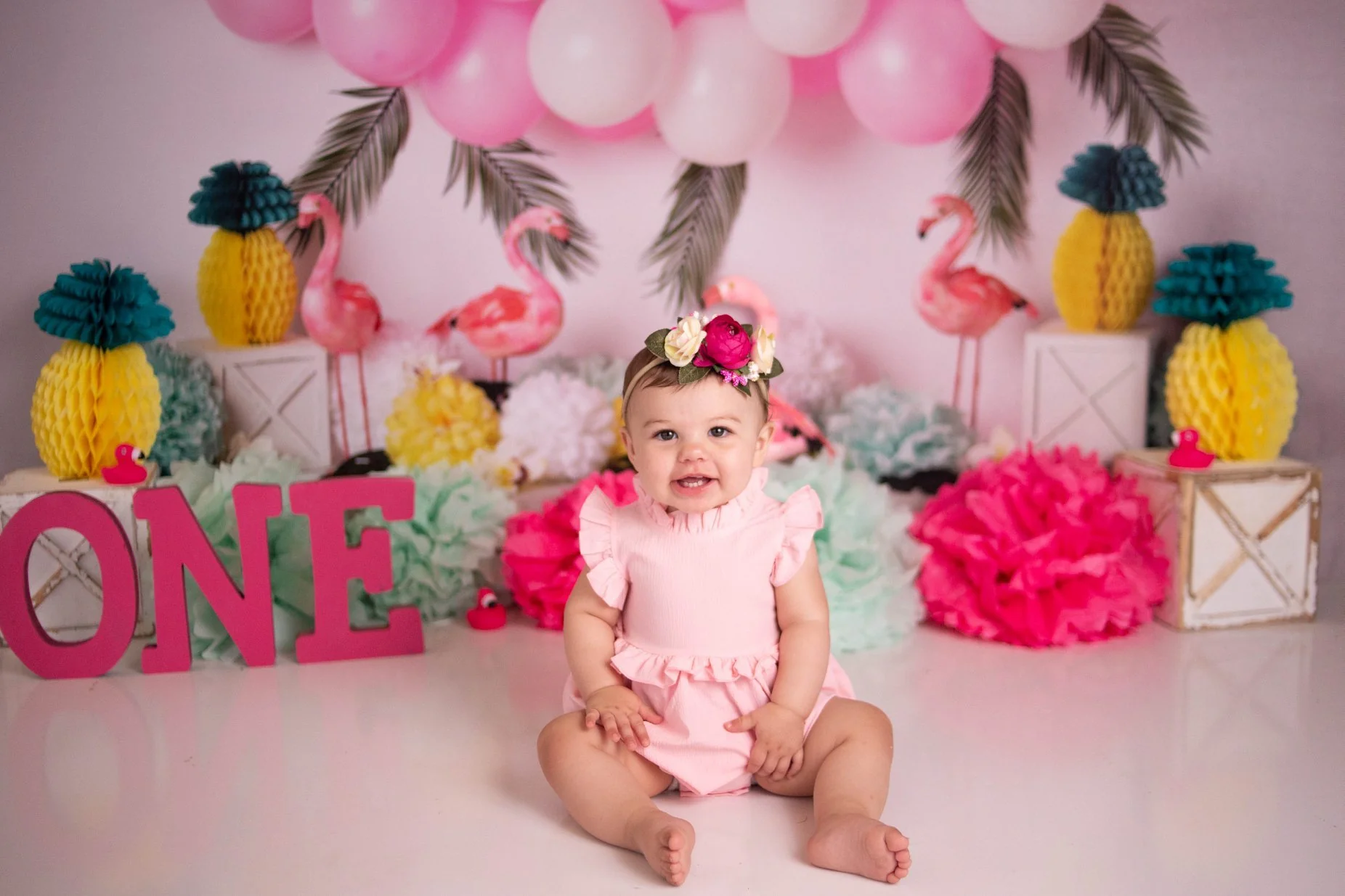 Kate Summer Balloons Flowers Flamingo Backdrop Designed by Mandy Ringe Photography - Image 3