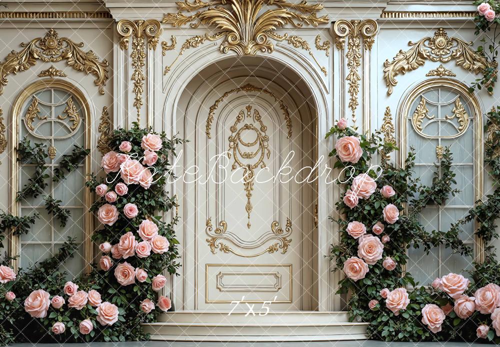 Kate Baroque Door Pink Roses Ornate Gold Backdrop Designed by Mini MakeBelieve
