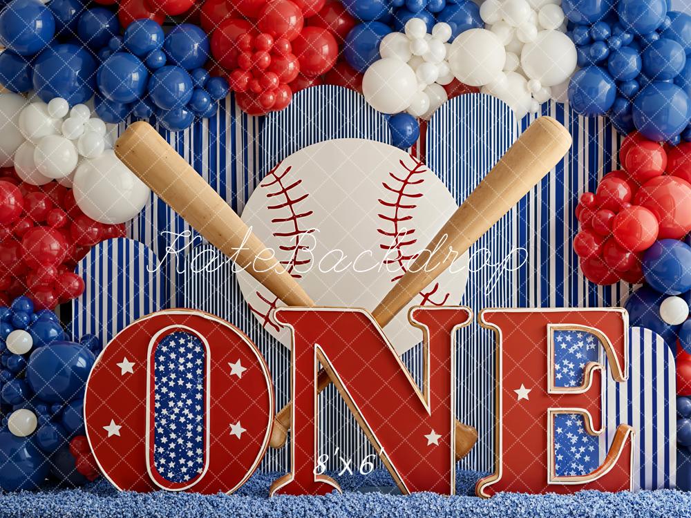 Kate 1st Birthday Baseball Bats Balloons Backdrop Designed by Emetselch - Image 3