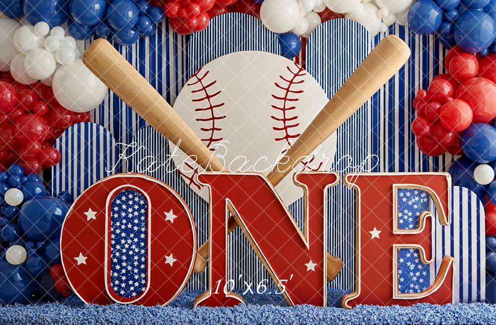 Kate 1st Birthday Baseball Bats Balloons Backdrop Designed by Emetselch - Image 4