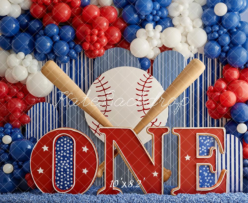 Kate 1st Birthday Baseball Bats Balloons Backdrop Designed by Emetselch - Image 6