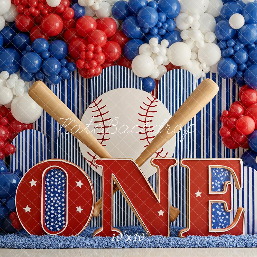 Kate 1st Birthday Baseball Bats Balloons Backdrop Designed by Emetselch - Image 7
