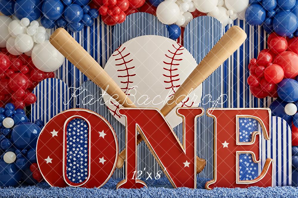 Kate 1st Birthday Baseball Bats Balloons Stars Fleece Backdrop Designed by Emetselch - Image 4