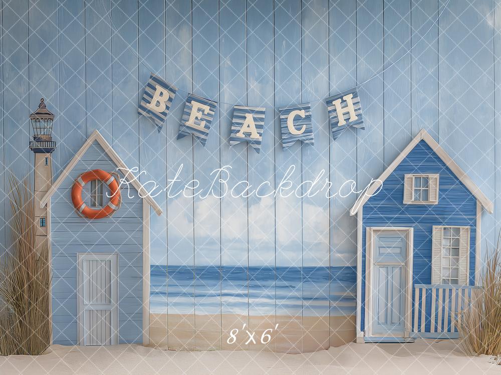 Kate Beach Lighthouse Lifebuoy Blue Houses Backdrop Designed by Angela Marie Photography - Image 3