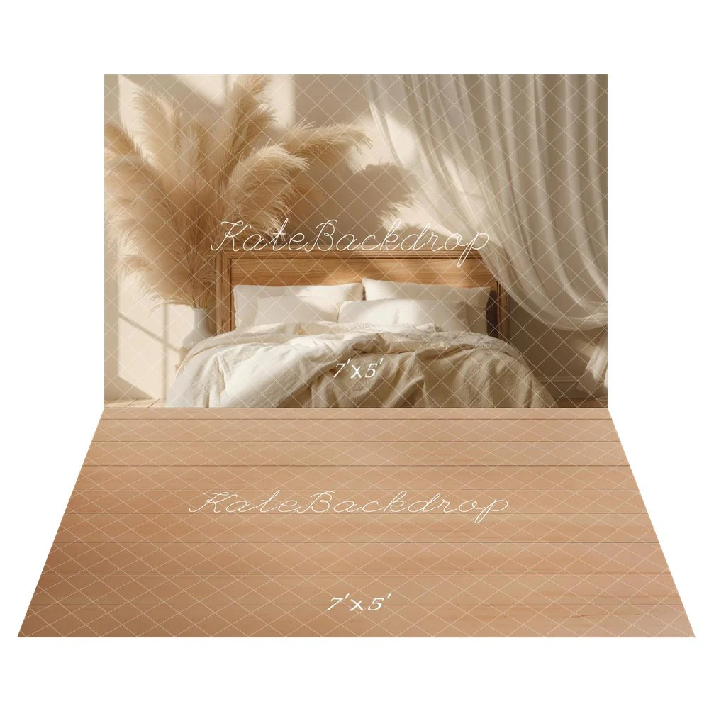 Kate Boho Bed Pampas Grass White Drapes Backdrop+Light Wood Texture Backdrop - Image 2