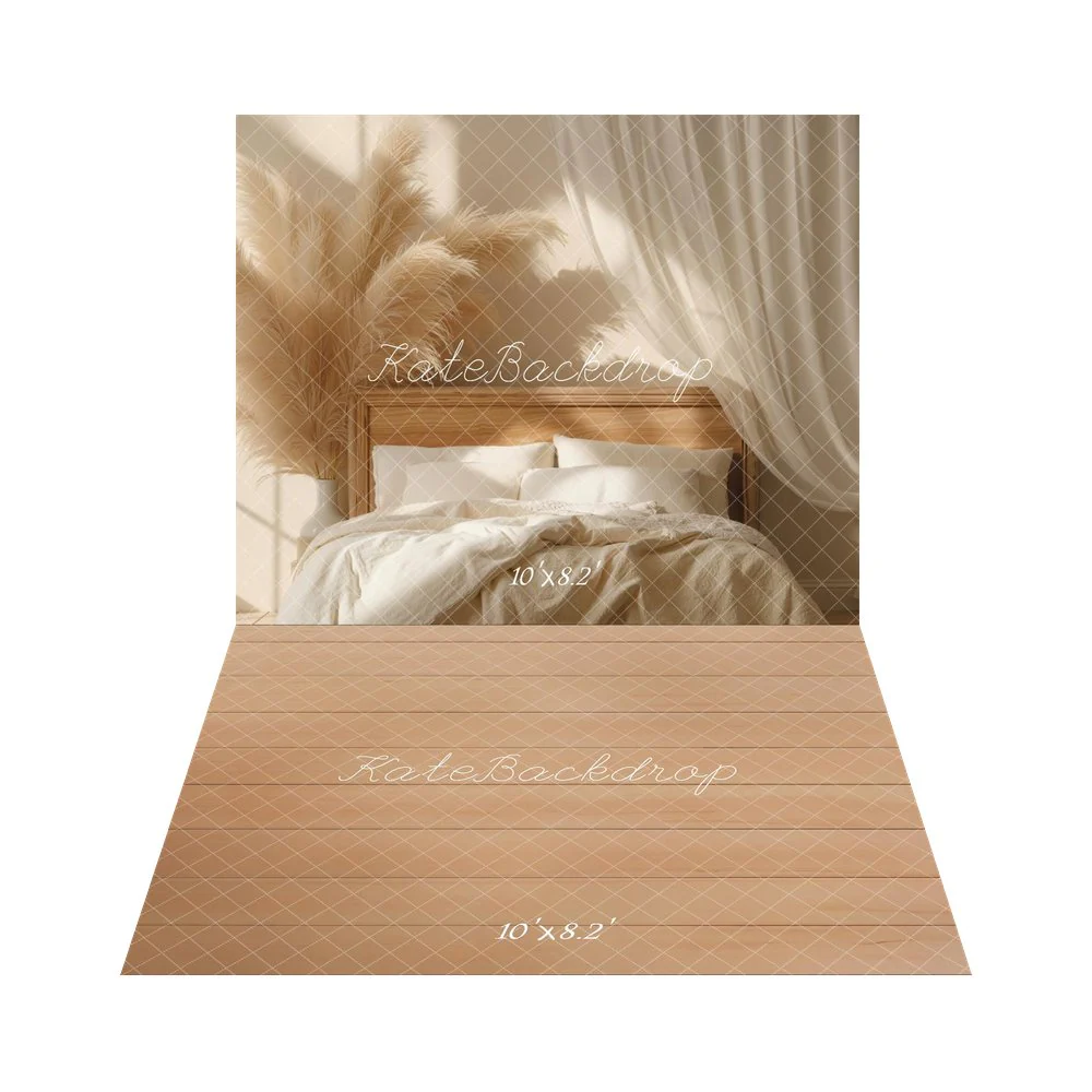 Kate Boho Bed Pampas Grass White Drapes Backdrop+Light Wood Texture Backdrop - Image 3